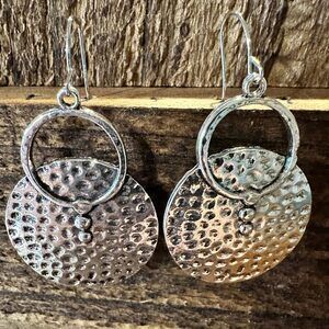 Boho Hippie Western Pounded Silver Circle Drop Wire Earrings, Gift Box